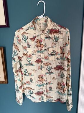 Western Rodeo Print Long-Sleeve Shirt - Cream with Teal & Brown 269